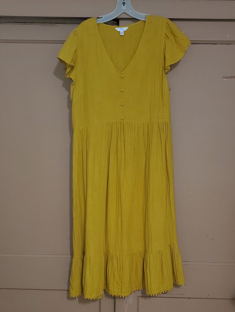 Time and Tru Mustard Yellow V-Neck Midi Dress with Flutter Sleeves